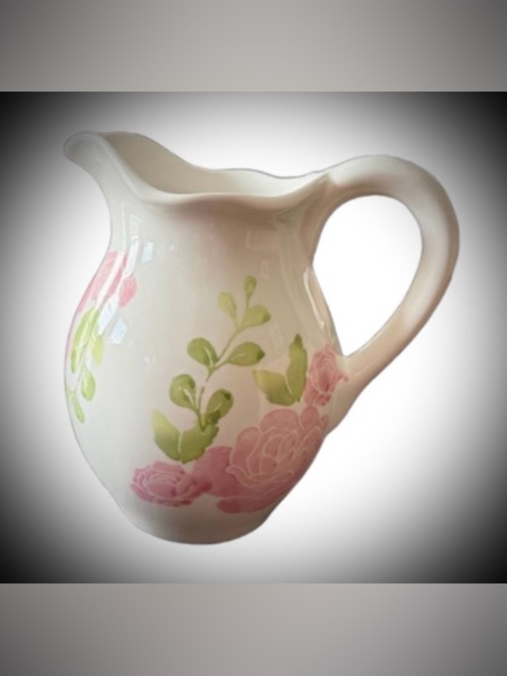 FARVAL Made in Portugal Hand Painted Pink Roses & Green Leaves Ceramic Pitcher